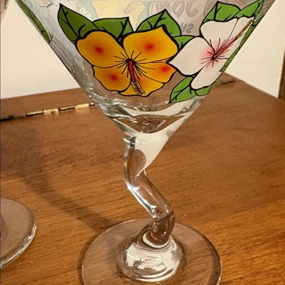 Y2K Era Ron Jon Surf Shop Retro Bent Stem Martini Glass 2 Matching Hibiscus Cute